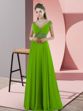  Green Empire V-neck Sleeveless Chiffon Floor Length Backless Beading Prom Gown