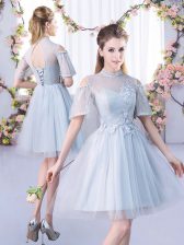 Tulle High-neck Short Sleeves Lace Up Lace Dama Dress in Grey