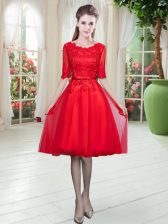 Artistic Red Empire Tulle Scoop Half Sleeves Lace Knee Length Lace Up Evening Dress