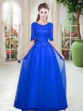Comfortable Royal Blue Lace Up Scoop Lace Dress for Prom Tulle Half Sleeves