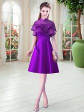  Eggplant Purple A-line Ruffled Layers Prom Dresses Lace Up Satin Cap Sleeves Knee Length
