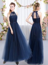 Cute Floor Length Navy Blue Dama Dress High-neck Sleeveless Lace Up