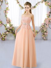 Artistic Peach Sleeveless Chiffon Lace Up Quinceanera Dama Dress for Prom and Party and Wedding Party
