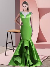  Green Mermaid Satin Scoop Sleeveless Beading and Lace and Appliques Side Zipper Prom Dresses Sweep Train