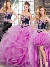 Designer Sleeveless Sweep Train Embroidery and Ruffles Lace Up 15 Quinceanera Dress