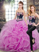 Customized Lilac Lace Up Sweetheart Embroidery and Ruffles Quinceanera Dress Tulle Sleeveless Sweep Train
