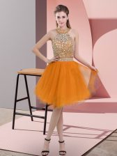  Knee Length Backless Orange for Prom and Party with Beading