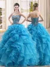  Baby Blue Organza Lace Up Sweetheart Sleeveless Floor Length Ball Gown Prom Dress Beading and Ruffles