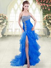 Suitable Sleeveless Organza Sweep Train Lace Up Evening Dress in Blue with Beading and Ruffled Layers