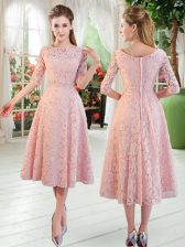  Lace Half Sleeves Tea Length Prom Dresses and Beading