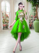 Stunning High Low Green Prom Party Dress Tulle Half Sleeves Appliques