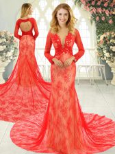 Red Long Sleeves Lace Backless Prom Evening Gown