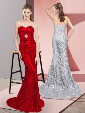 Modern Red Sequined Lace Up Prom Party Dress Sleeveless Sweep Train Belt