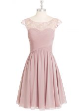  Pink A-line Lace Prom Gown Chiffon Cap Sleeves Mini Length