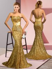 Fitting Gold Homecoming Dress Prom and Party and Military Ball with Beading Sweetheart Sleeveless Sweep Train Zipper