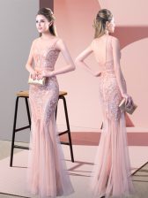 Delicate Sequins Dress for Prom Pink Backless Sleeveless Floor Length