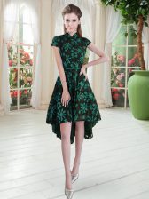 Custom Made Green Lace Zipper Prom Gown Short Sleeves High Low Appliques