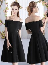 Excellent Black Zipper Off The Shoulder Ruching Dama Dress for Quinceanera Satin Short Sleeves
