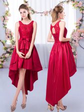  Red Satin Lace Up Vestidos de Damas Sleeveless High Low Appliques