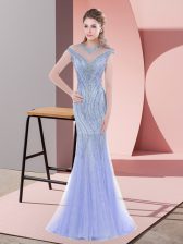 On Sale Baby Blue Zipper Prom Party Dress Beading and Lace Sleeveless Sweep Train