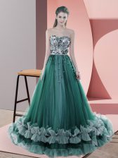 Best Dark Green Prom Evening Gown Prom and Party and Military Ball with Beading Sweetheart Sleeveless Sweep Train Lace Up