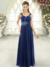 Custom Designed Floor Length Blue Prom Party Dress Chiffon Sleeveless Beading and Ruching
