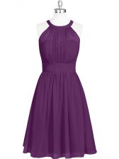  Halter Top Sleeveless Prom Dress Mini Length Ruching Purple Chiffon
