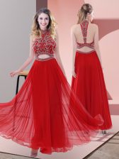  Two Pieces Prom Party Dress Red Halter Top Chiffon Sleeveless Ankle Length Backless