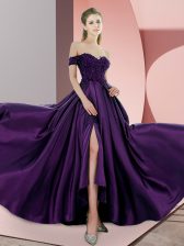 Spectacular Purple Sleeveless Beading and Lace Backless Prom Dresses