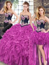  Fuchsia Lace Up Quinceanera Gowns Embroidery and Ruffles Sleeveless Sweep Train