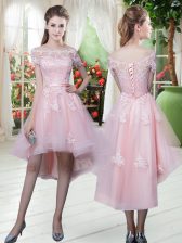  Baby Pink Tulle Lace Up Half Sleeves High Low Lace and Appliques