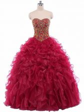 Affordable Wine Red Quinceanera Gown Military Ball and Sweet 16 and Quinceanera with Beading and Ruffles Sweetheart Sleeveless Lace Up