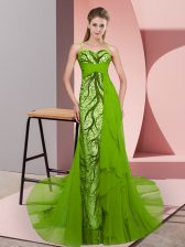 Popular Sleeveless Beading and Lace Zipper Dress for Prom with Green Sweep Train