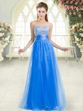  Blue Sleeveless Beading Floor Length Prom Dress