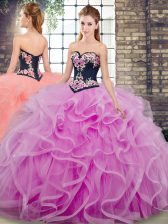  Sleeveless Sweep Train Embroidery and Ruffles Lace Up Sweet 16 Dresses