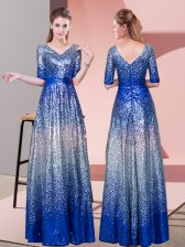 Adorable Royal Blue Empire Ruching Dress for Prom Zipper Sequined Half Sleeves Floor Length