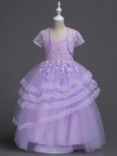 Custom Designed Lavender Ball Gowns Tulle Spaghetti Straps Sleeveless Appliques and Ruffled Layers Floor Length Zipper Flower Girl Dress