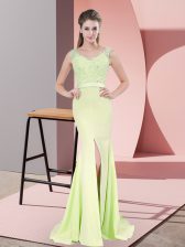 Unique Yellow Green Mermaid V-neck Sleeveless Chiffon Sweep Train Zipper Beading and Lace Prom Dress