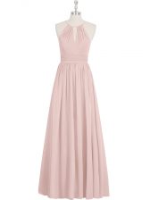  Baby Pink A-line Halter Top Sleeveless Chiffon Floor Length Zipper Ruching Homecoming Dress