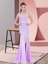 Stylish Lilac V-neck Zipper Beading and Lace Prom Dress Sweep Train Sleeveless