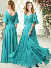 Designer Aqua Blue Prom and Party with Beading and Lace V-neck Half Sleeves Sweep Train Zipper
