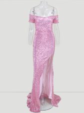 Luxury Pink Mermaid Off The Shoulder Short Sleeves Sweep Train Zipper Sequins Evening Dress