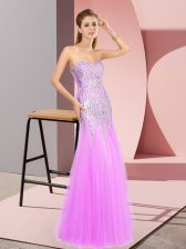 Free and Easy Lilac Tulle Zipper Sweetheart Sleeveless Floor Length Prom Evening Gown Beading