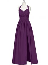 Pretty Eggplant Purple A-line Halter Top Sleeveless Chiffon Floor Length Zipper Ruching Prom Evening Gown