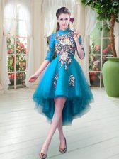 Fitting Teal High-neck Neckline Appliques Homecoming Dress Half Sleeves Zipper
