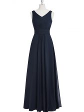  Black A-line Chiffon V-neck Sleeveless Ruching Floor Length Zipper Dress for Prom