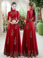 Fine Wine Red Evening Dress Prom and Party with Lace High-neck 3 4 Length Sleeve Zipper