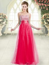  Floor Length Lace Up Coral Red for Prom and Party with Beading
