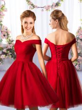 Vintage Tulle Off The Shoulder Sleeveless Lace Up Ruching Quinceanera Court Dresses in Red
