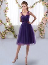  Purple Sleeveless Knee Length Appliques Zipper Dama Dress for Quinceanera